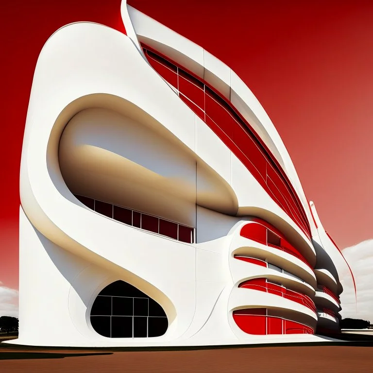 Fachada frontal edificio moderno estilo Oscar Niemeyer 10 metros de altura 3 apartamentos colores blanco y rojo crema detallado preciso sombras impactante obra de arte 8k