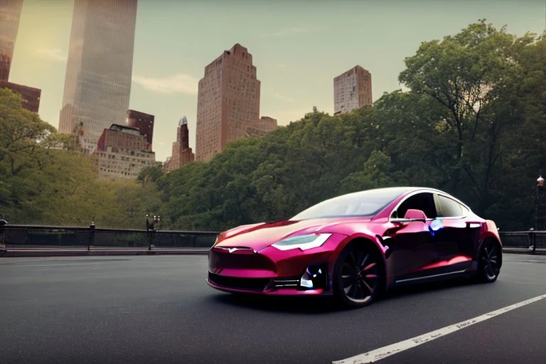 A Tesla 'Model Y' is parked, in 'Central Park' in New York City. (CINEMATIC, WIDE ANGLE LENS, PHOTO REAL)