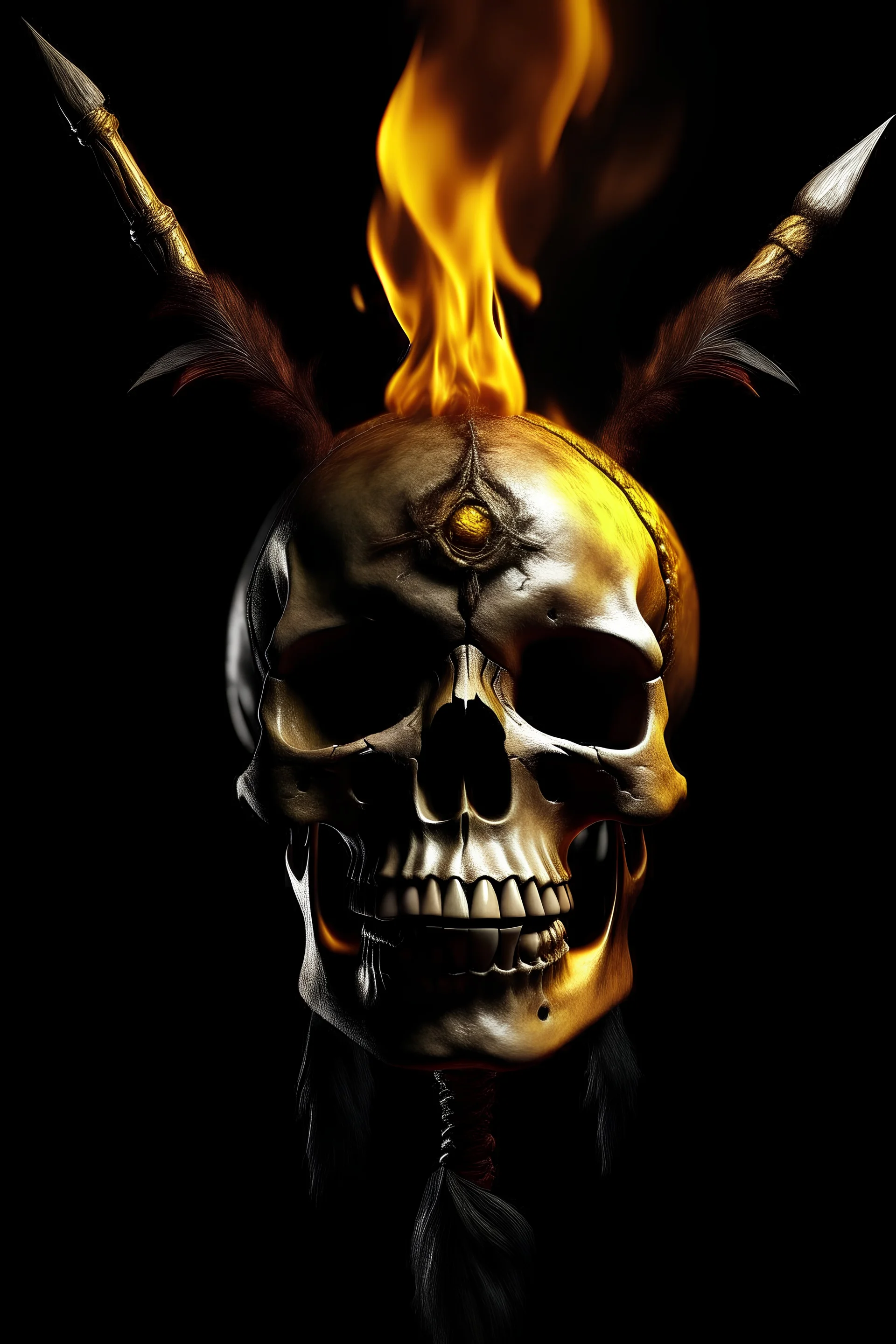 calavera sobre una punta de lanza con fuego saliendo de sus ojos