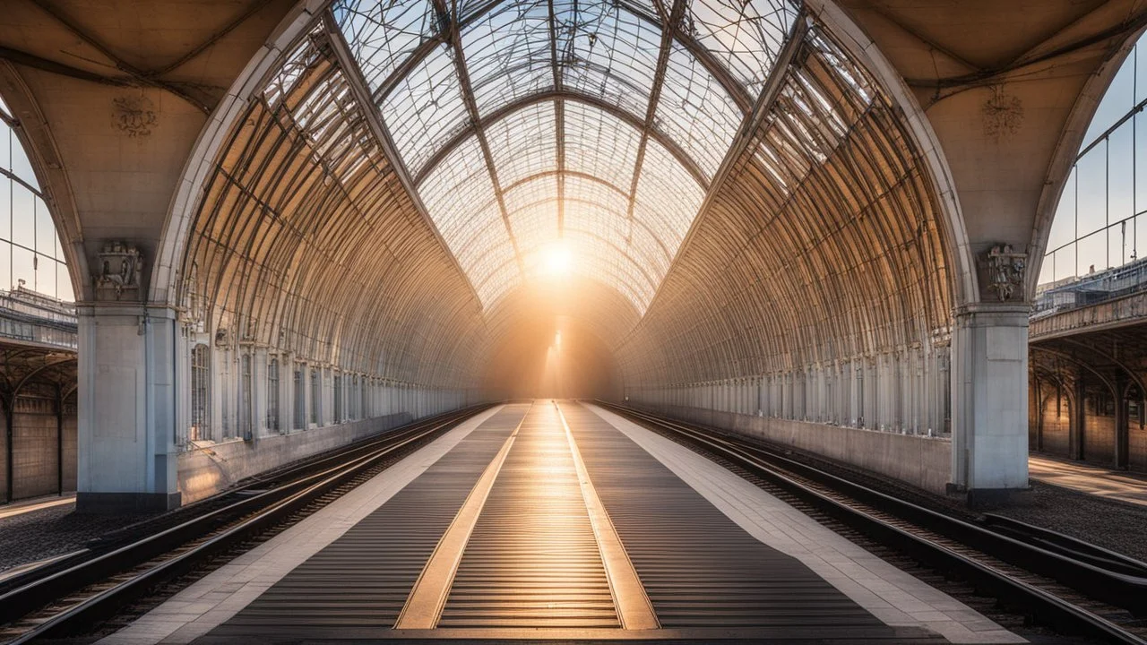 614, delightful, sensitive, confident, parabolic railway station with cusps, delicate, sunrise, architecture, award-winning photograph, beautiful composition, filled with beautiful detail, delicate colour, chiaroscuro