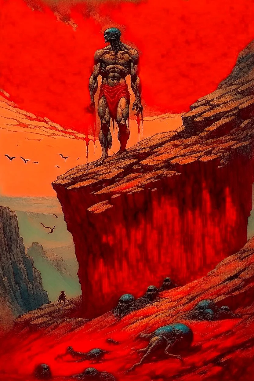 dramatic medium brush stroke matte oil painting, cursed Prometheus the Titan god chained to the top of a mountain where vultures eat his liver, Dramatic, complex contrast, dynamic composition, expansive, diagonal offset composition, Greek Mythology, focused, red hues, by Zdzislaw Beksinski and Jim Dine