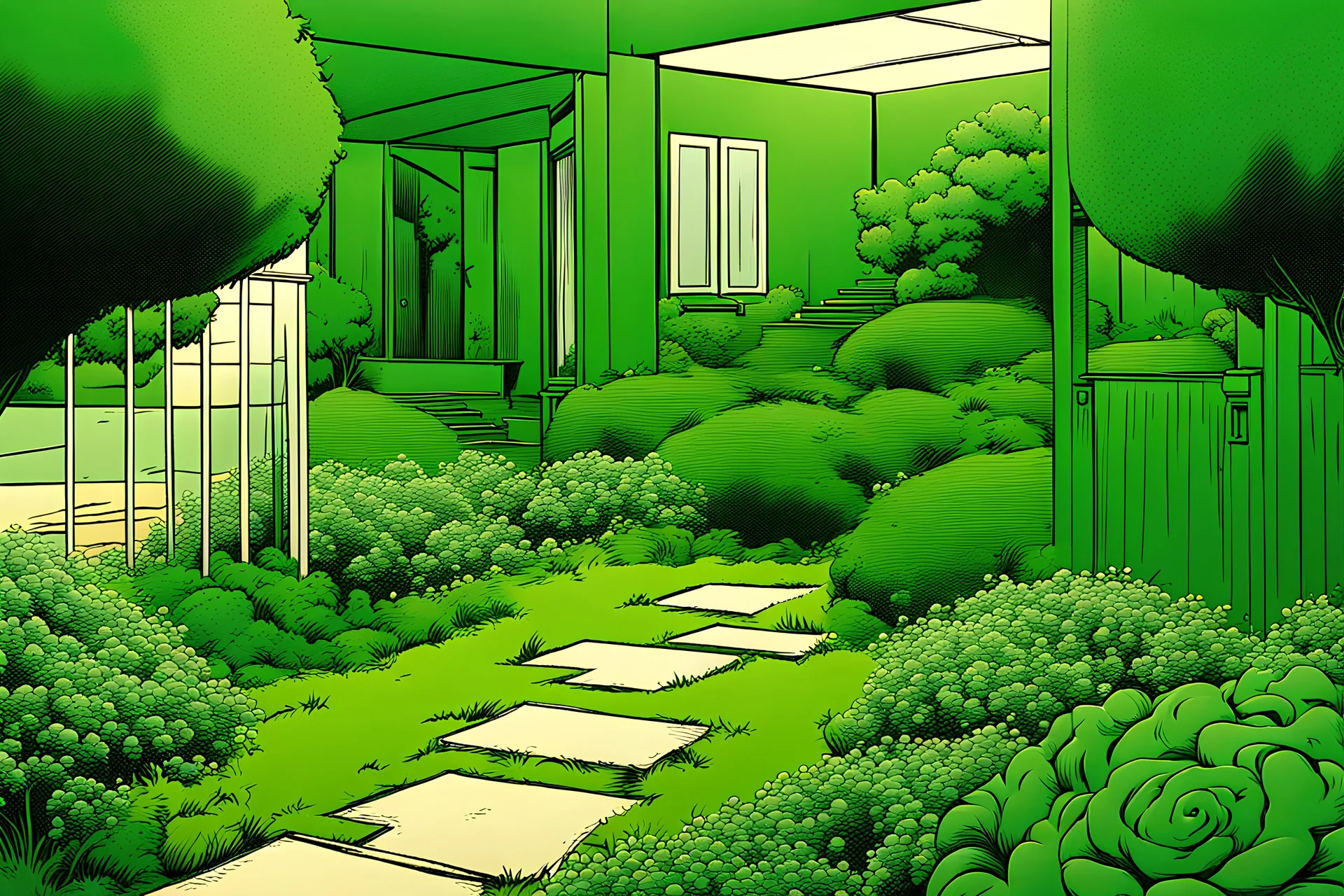 comic style, a green garden, close-up