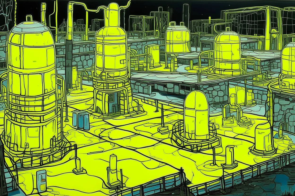A yellow glowing facility plant zone painted by Jean Dubuffet