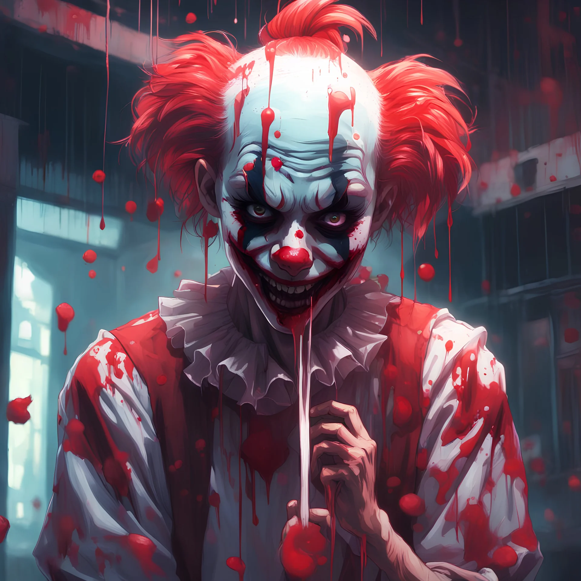 bloody evil by kyoto animation, very very psycho clown holding a head in one hand and butcher's cleaver dripping with blood --q 99, wearing tutu streetwear, disturbing --chaos 50, detailed portrait, intricate complexity, ilya kuvshinov, cell shaded, 4k, concept art, by wlop, ilya kuvshinov, artgerm, krenz cushart, greg rutkowski, sharp focus, volumetric lighting, cinematic lighting, studio quality, High definition, Photo detailed, specified, Surrealist, High definition, Photo detailed, specified