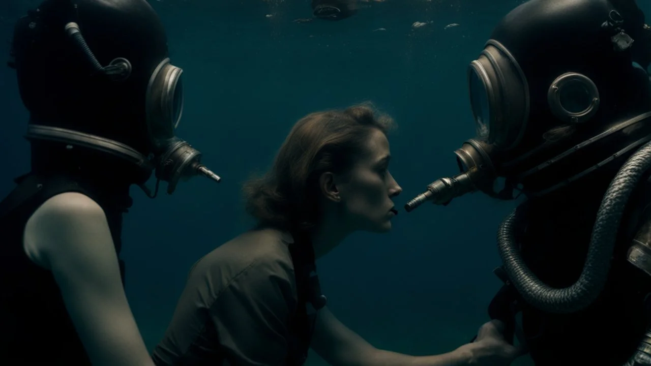 A man and a woman dressed in old diving suits try to kiss underwater.