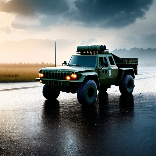 hyperrealistic shot, military truck, monotone color palette, sharp focus, puddle reflection, tire water splash, refraction, mist on the horizon, shadowcast, detailed and intricate, cinematic composition