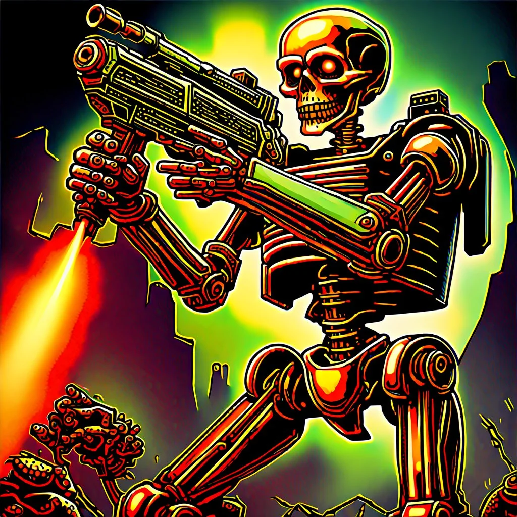 90's TCG art retro fantasy art of skeleton robot firing machine gun