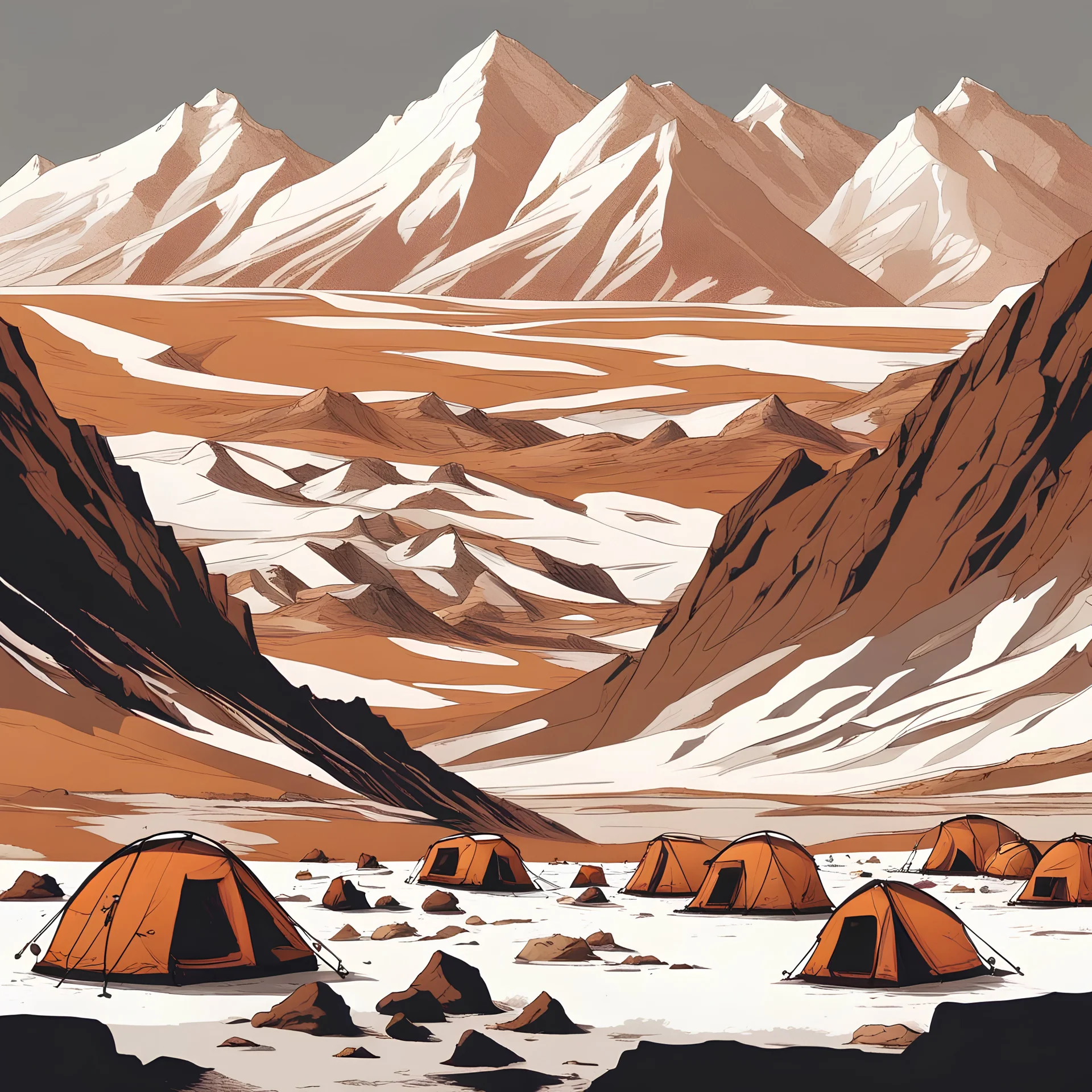 A rugged and rocky valley lies in a landscape of grey stone jutting out of red sandy gravel. Large snow-capped mountains loom in the background. The sky is tinted orange, and thin clouds streak the sky like they're being driven by a strong wind. Low irregular canvas tents and small stone huts are clustered in the foreground.