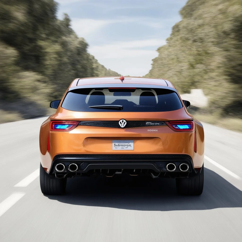 award winning car and driver photograph of a futuristic station wagon mech hybrid designed by only one vehicle per image painted metallic orange traveling at a high rate of speed, jet intake off of front center of vehicle and jet exhaust out the rear with bright blue flame, bilaterally symetrical, more a high speed road vehicle