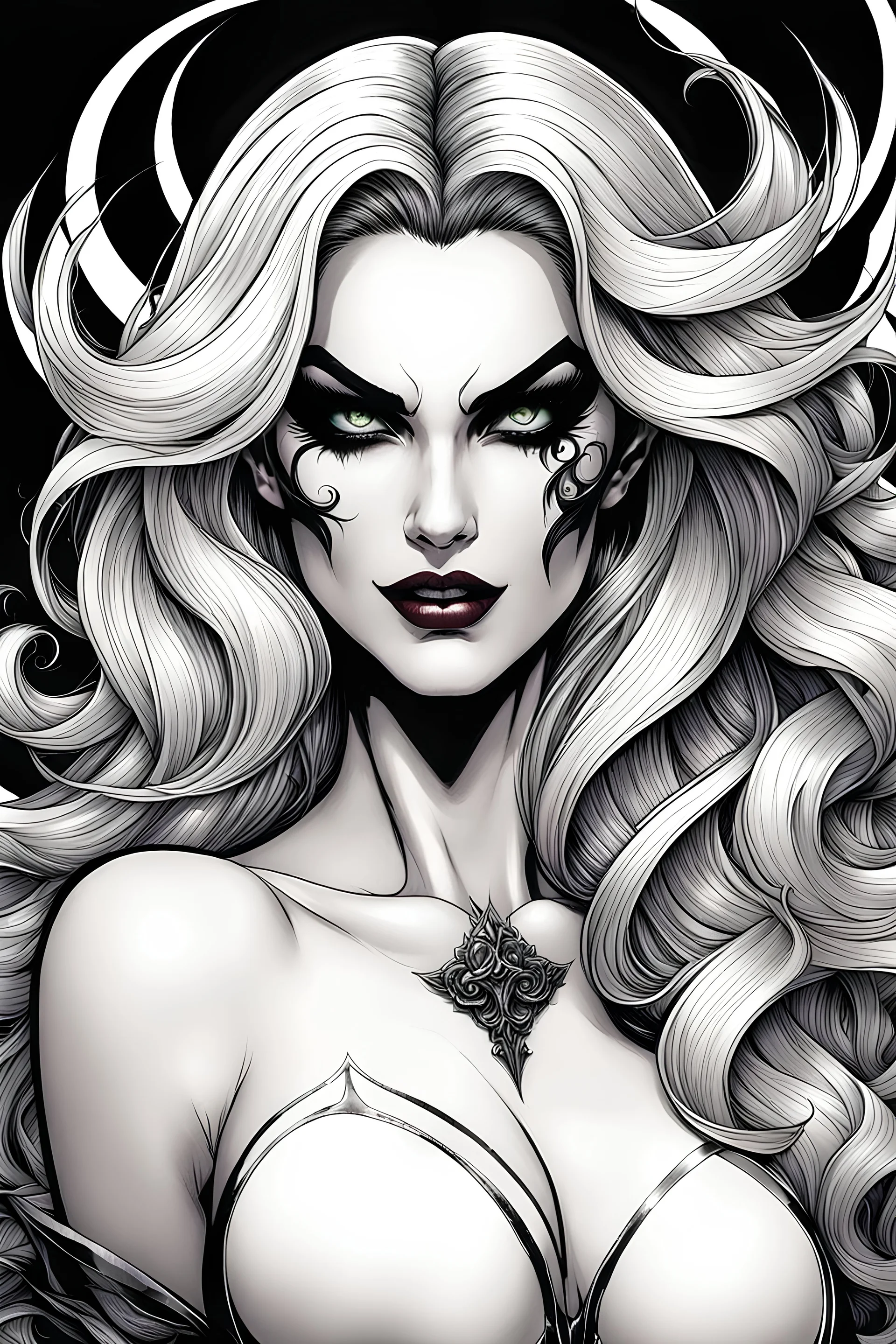 create an ethereal, otherworldly seductive ancient female succubus , in the comic book art style of Lady death, with highly detailed and sharply defined feminine facial features , finely penciled and inked ,