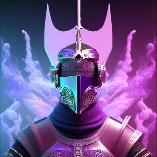 full body medieval purple masked villain in galaxy, teal and purple smoke, detailed, realistic, 4k