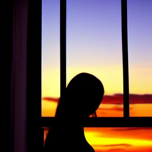 A silhouette of a sensual tender girl longing for a kiss, looking at the sunset from the window that creates her shadow.