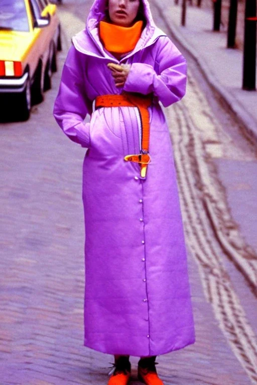 late 1990's women street fashion. Light dress with integrated bags and with new kind of hood with tippet that continues downwards too! horizontal zipper reveals belly. recycled denim straight, Pike fish, huge vulgarism, -print.lilac, plum, orange, terracotta, red, light yellow, lion yellow, pink, dark blue, beige. wide belt. Partly latex or leather.Tyra Banks.Missy Elliot,Jennifer Lopez.Karjalainen kuvio,Karjala pattern tradition