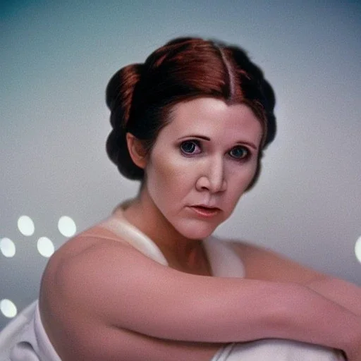 Hyperrealistic, 8k centered photographic portrait of [[Carrie Fisher as Princess Leia in Star Wars]], leica, 35 mm, technicolor, natural colors, telephoto, 24 mm, portrait photo by Annie Leibovitz, film, studio lighting, detailed skin, ultra realistic, bokeh, sharp features