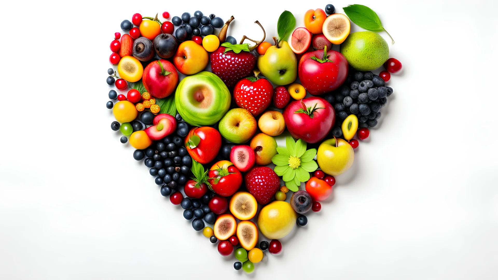 Fruits and vegetables arranged in a heart shape, healthy food and nutrition concept, isolated