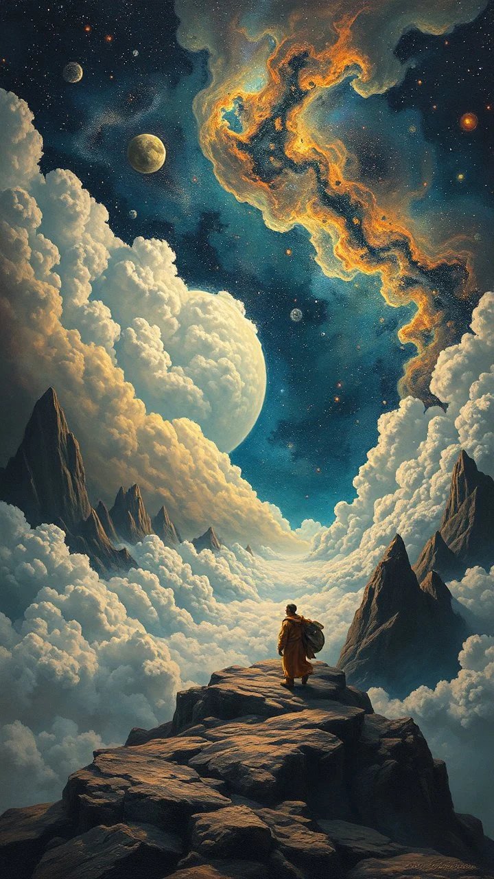 Back in time through a Time Machine in the parallel universe among the galaxies and the stars a big clouds of gas covering the sky from a distance Busch painting style nightmare