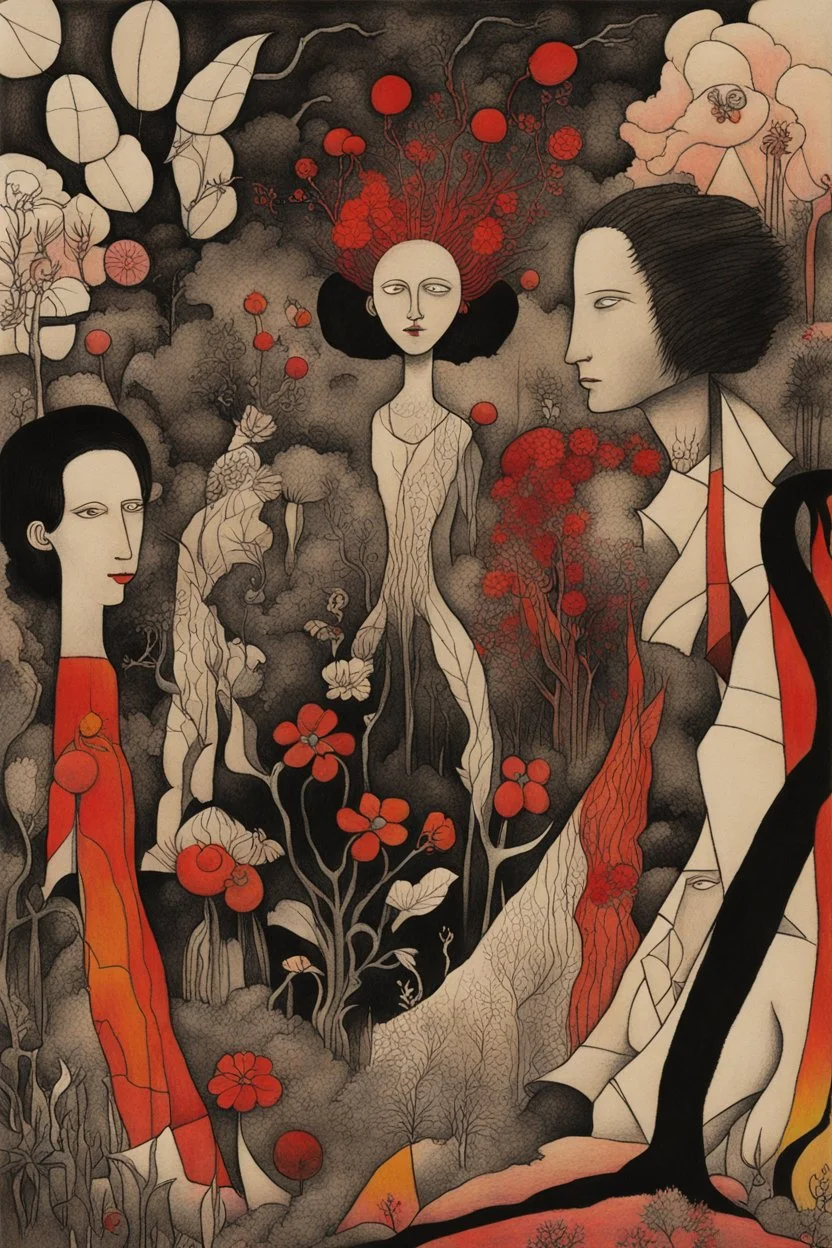 Schiță în creion de Jean Cocteau reprezentand o imagine pe tema natura statica cu oameni si flori , cu culori primare tari, fantezie de înaltă definiție calitate clară, stiluri de Utagawa Hiroshige, Paul Klee Dee Nickerson și Tim Burton, acuarelă topită și contururi de cerneală neagră pe hârtie umedă, linii moi, umbrite