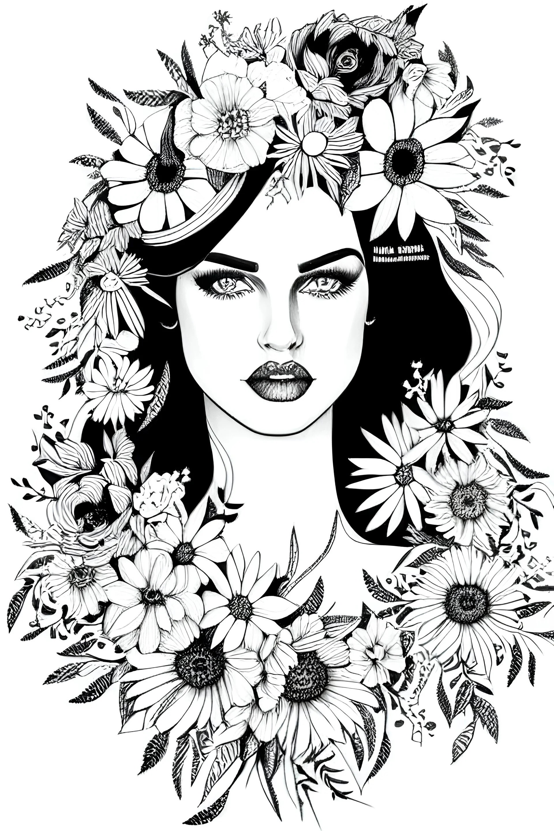 hyper detailed, black and white, thick line, coloring book illustration, lineart, stunningly beautiful woman in flowers