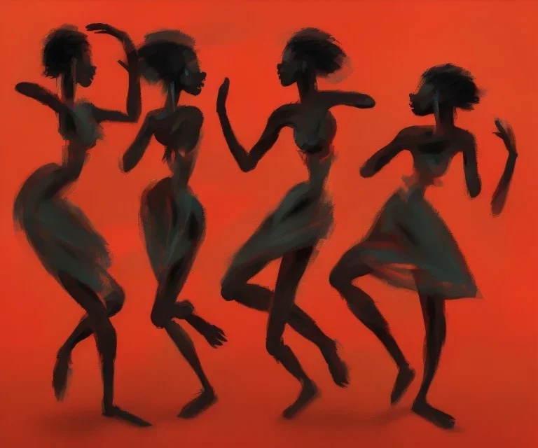 an abstract painting with figures of three African women dancing