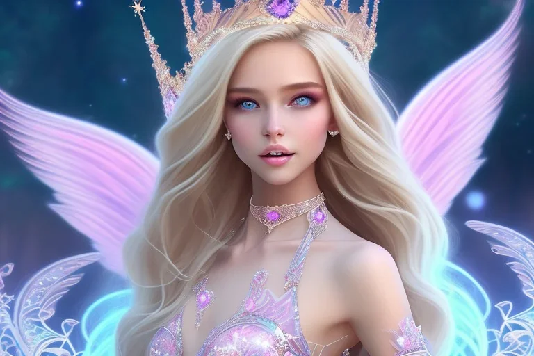 castle in background, beautiful, soft, big smiling, straight and long blonde hair, blues eyes, dewy and shiny atmosphere, diamond crown, long fairy wings in the back, full head, pink veil clothes