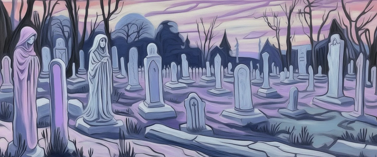 A light purple graveyard filled with ghosts painted by Edvard Munch