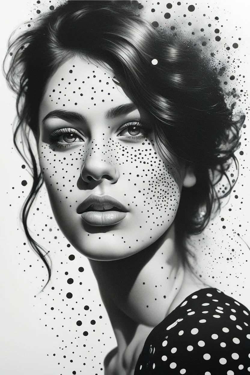 A realistic drawing in negative space black ink on white background of a beautiful girl with high density dots enhance her face max enrist