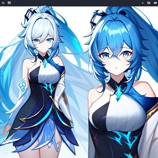 Clear focus, 8k, beautiful lighting, vibrant colors, girl, white long hair, vibrant blue eyes, messy hair, ponytail, honkai impact 3 outfit