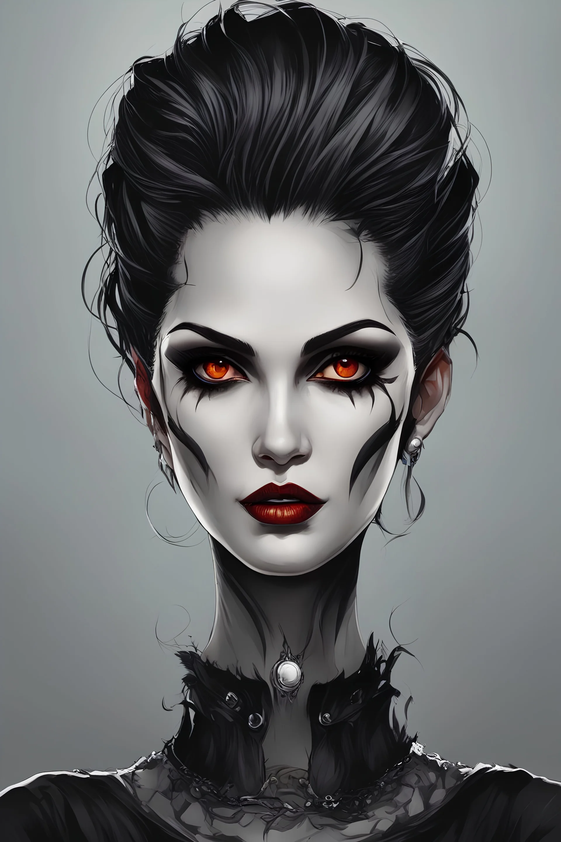 Create a wild, imaginative, goth punk vampire girl with highly detailed facial features, in the vector graphic style of Nirak1,Christopher Lee, and Cristiano Siqueira, utilizing simple shapes , vibrant colors,