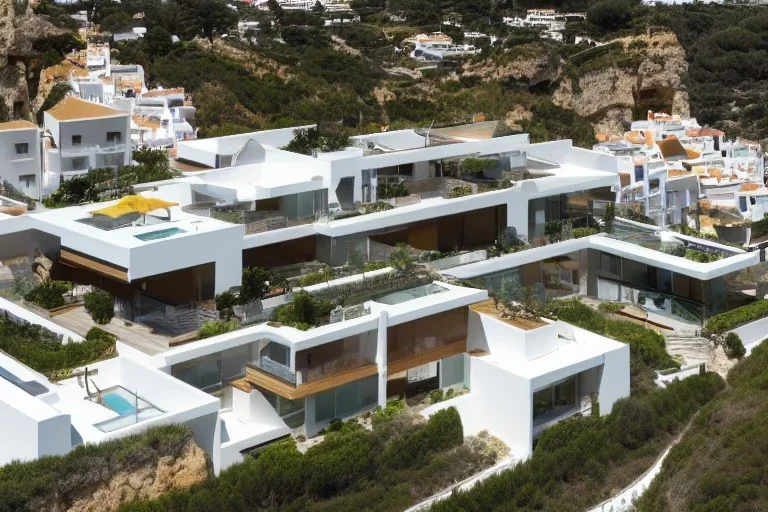 Day in algarve, aerial architectural view, modern luxury villas architecture building WITH STRAIGHT LINES AND CANNOPY in white render and wood with cannopy in gold metallic details and a modern luxury hotel building with two floors and extending covered terraces cascading, pinus pinea overlooking the golf course, green roofs and pools, sloped land with pinus pinea, hyper realistic 8k ultra render