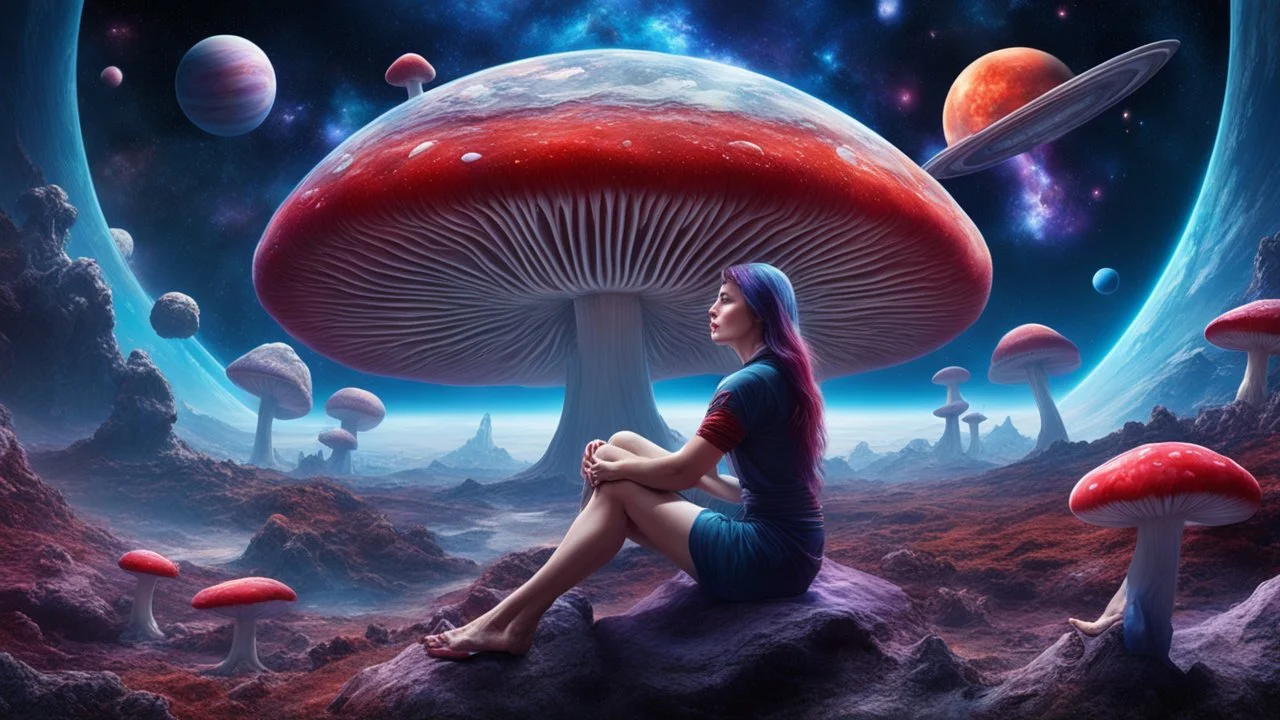 beautiful women sitting withoutt bro, on blue, red, purple mushroom in space, planets at the back ground, space ships, hyper realistic.