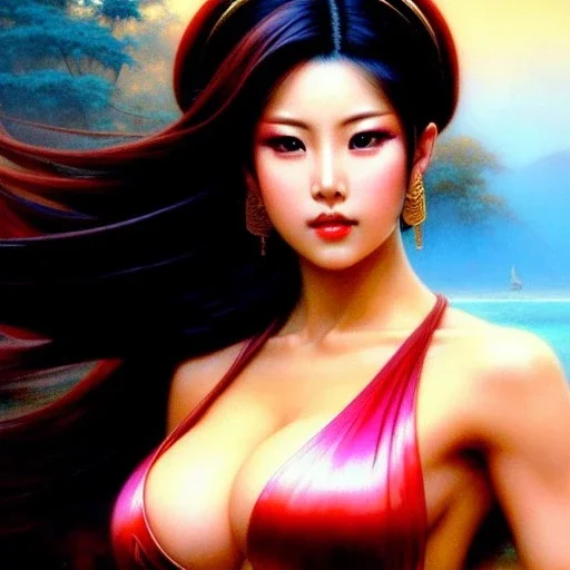 Drawing of beautiful face,busty Mai Shiranui (Fatal Fury),intense stare,Minimal ancient armor, balanciaga fashion clothe painting by gaston bussiere, greg rutkowski, yoji shinkawa, yoshitaka amano, tsutomu nihei, donato giancola, tim hildebrandt, oil on canvas, cinematic composition, extreme detail,fit full head inside picture,16k