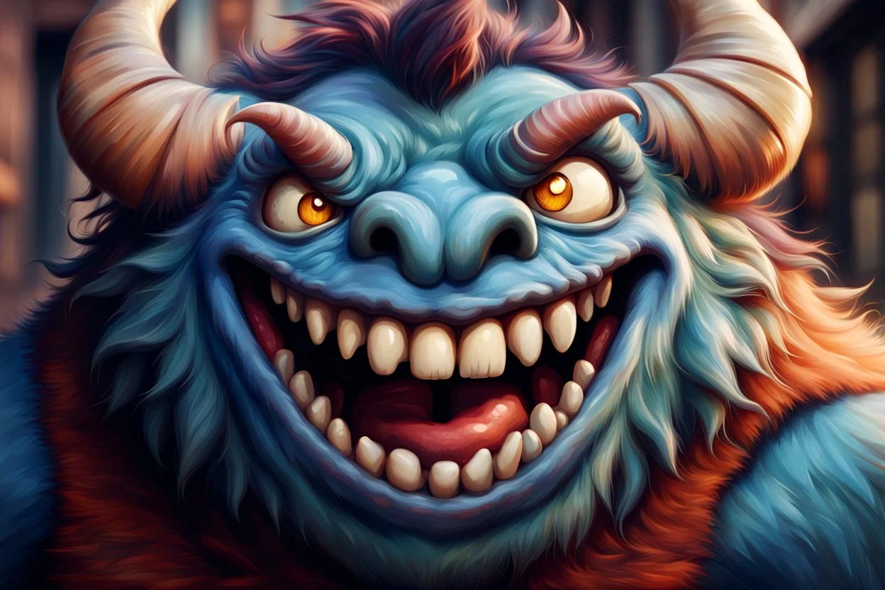 closeup of a maniacal grinning monster's face, big teeth, tusks, fur, bumps and curled horns, my pet monster inspiration, urban character design