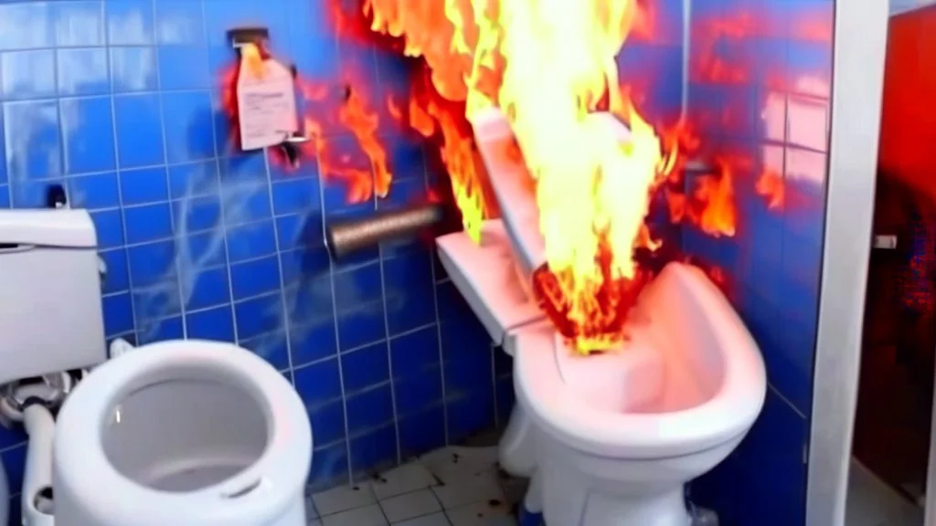 man sprays fire extinguisher all over toilet in the bathroom