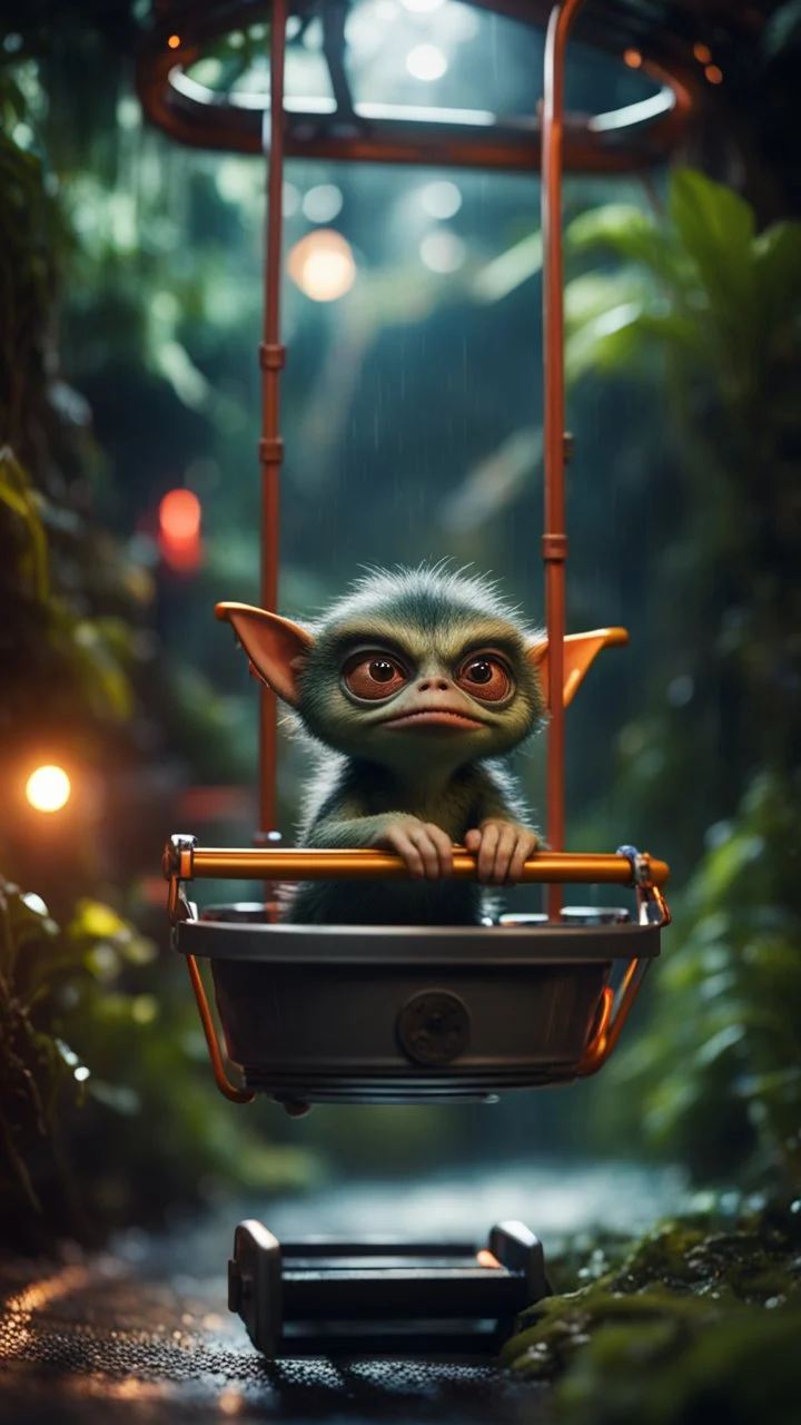 close up portrait of a gremlin model a bucket ski lift in dark lit reflective wet jungle metallic hall dome hotel tunnel, in the style of a game,bokeh like f/0.8, tilt-shift lens 8k, high detail, smooth render, down-light, unreal engine, prize winning