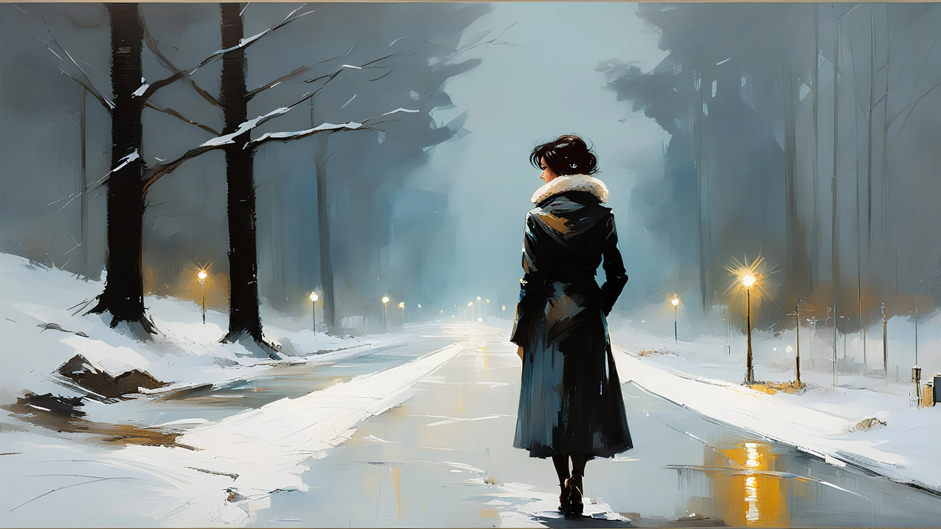 brunette woman with bob hair looking down a snowy road on a snowy night with a gloing holy halo behind her head:: by Robert McGinnis + Jeremy Mann + Carne Griffiths + Leonid Afremov, black canvas, clear outlining, detailed