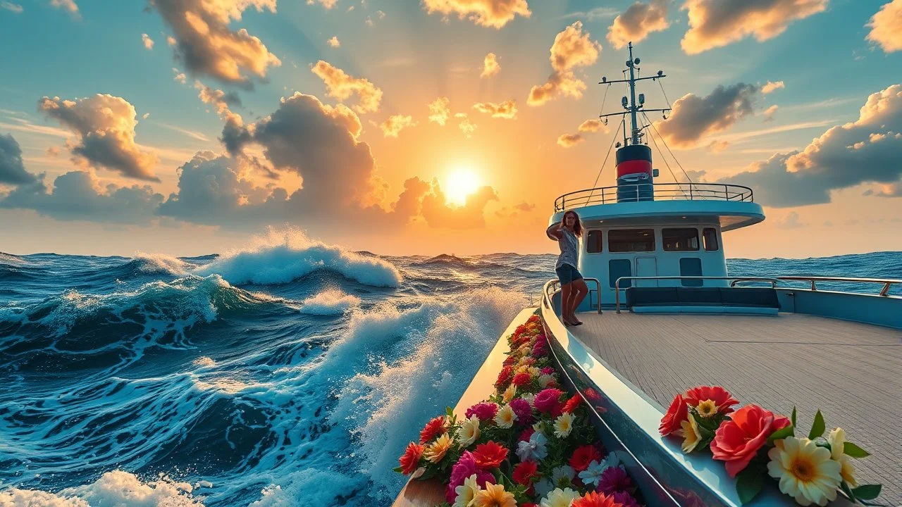 a big ship in oecieon in powerfull waves ,a beautiful sun set and dreamy clouds , young couple dancing on a modern boate deck next to ship and flowers flows from deck to water