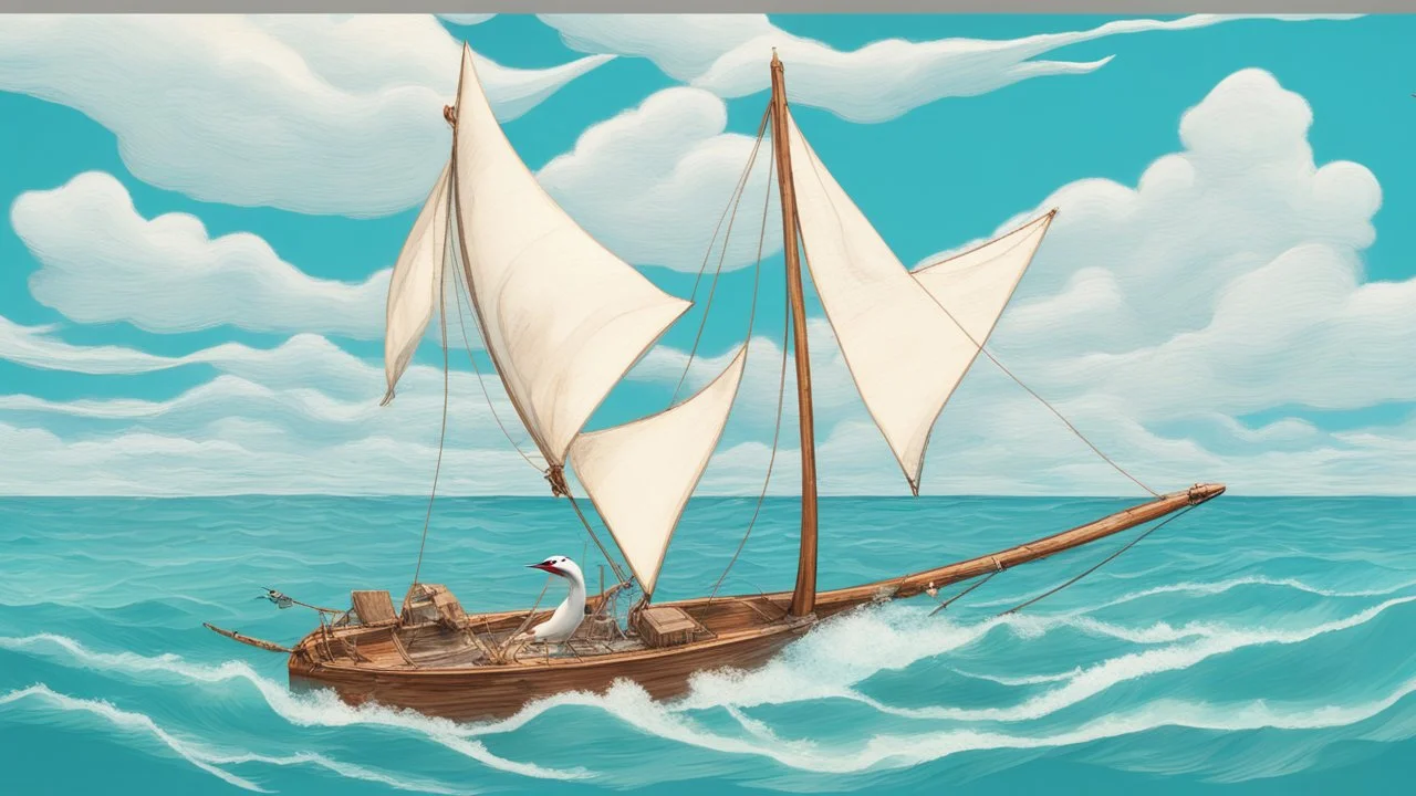 A small, brightly colored sailboat with a billowing white sail cuts through a turquoise ocean. The wind fills the sail, causing the boat to lean slightly. In the distance, fluffy white clouds drift across a clear blue sky. One majestic brown pelican with a large pouch full of water flies gracefully above the boat. The image evokes a sense of calm adventure, the refreshing scent of the ocean breeze, and the abundant wildlife. The style is as if a 5 year old did it with paint.
