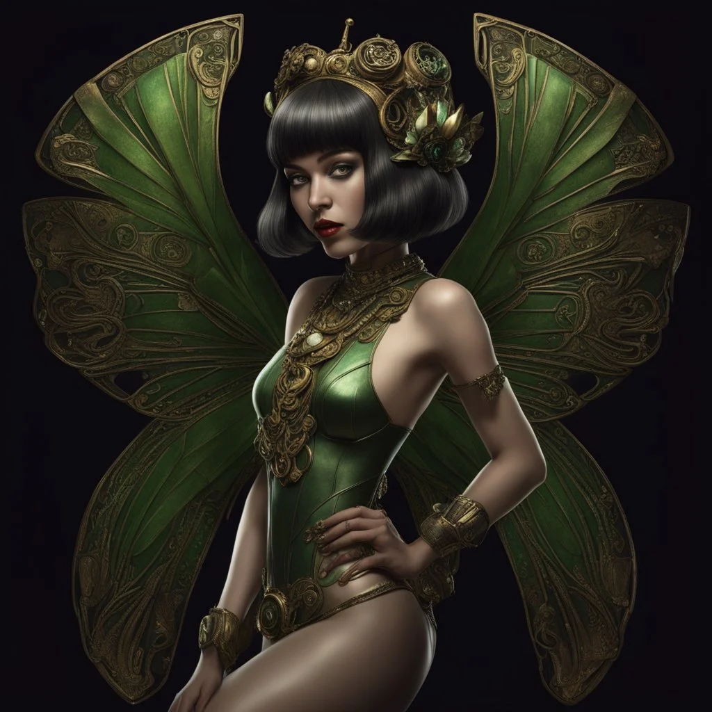 Full body, art nouveau woman with a bob with a fringe hairstyle, Cleopatra clothing, steampunk metal butterfly wings, green markings, black background