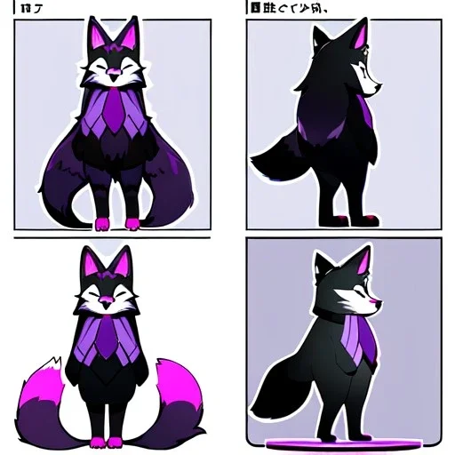 a fox fursona, darker colors, master quality, backlighting, soft lights, full body portrait, in frame, 8k, furry, fur, black and purple color pallet, fursona reference sheet,