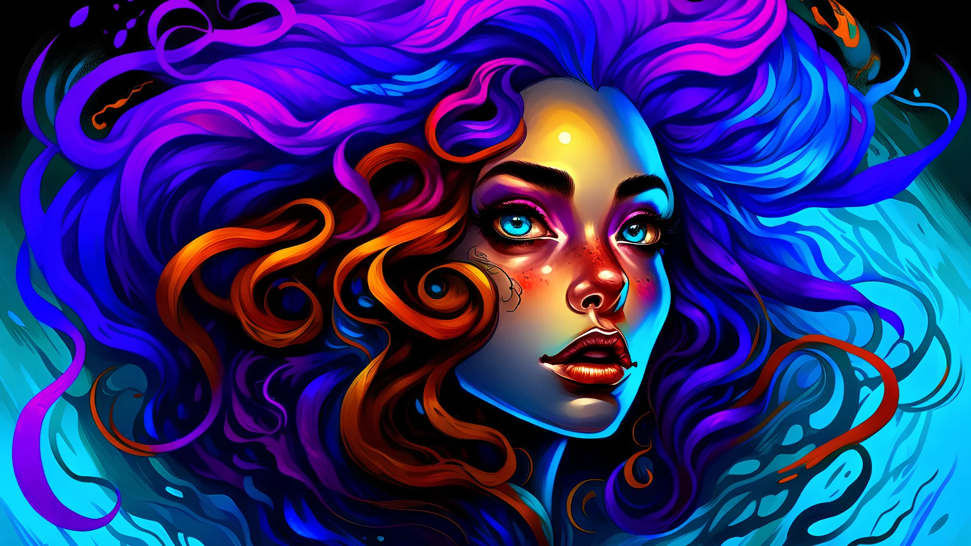 A woman's face with colorful hair and waves surrounding her, in the style of realistic fantasy, neon color palette, dark bronze and violet, split toning, exotic realism, contest winner, gorgeous colors
