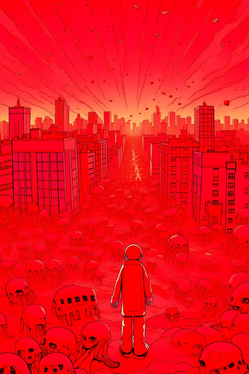 a big City, red transparent figure appears in the sky with many dead bodies of children