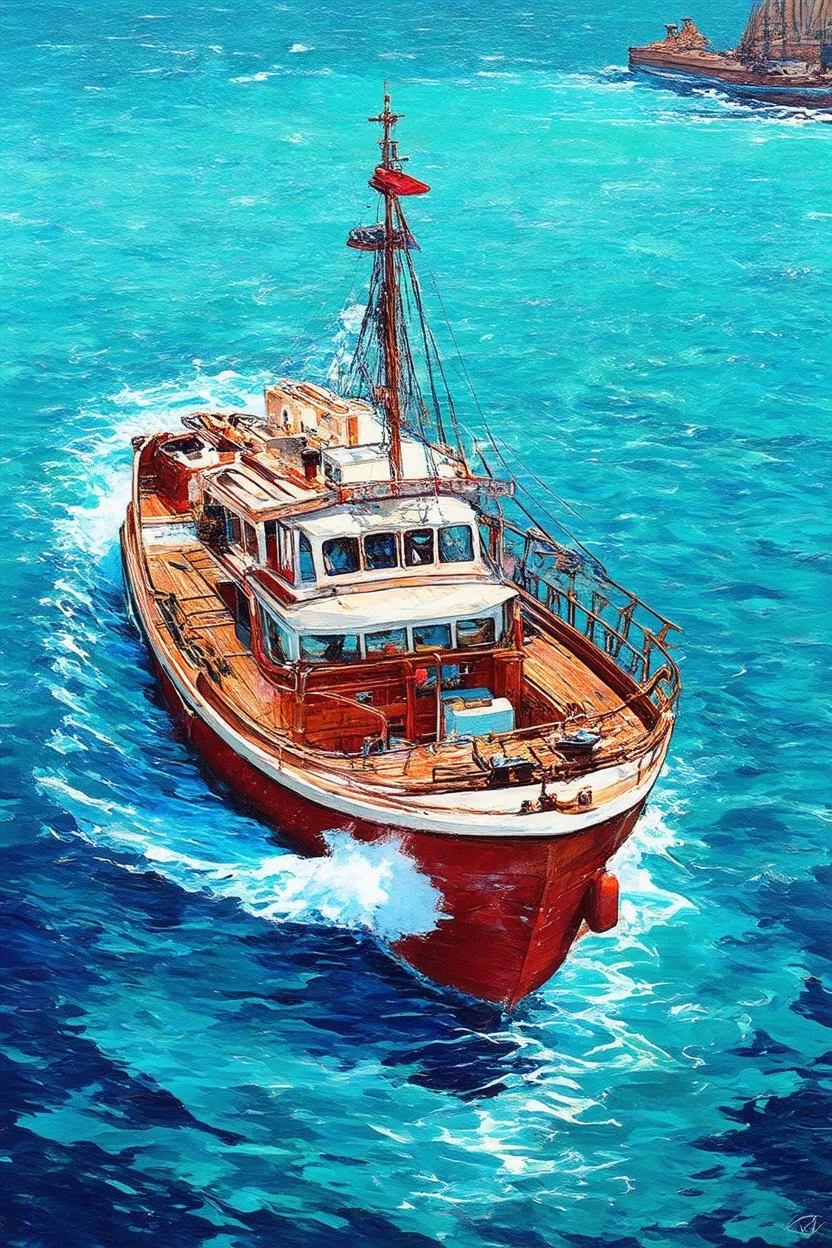 on the boat on a long journey birdseye vie , japanese modern pop art