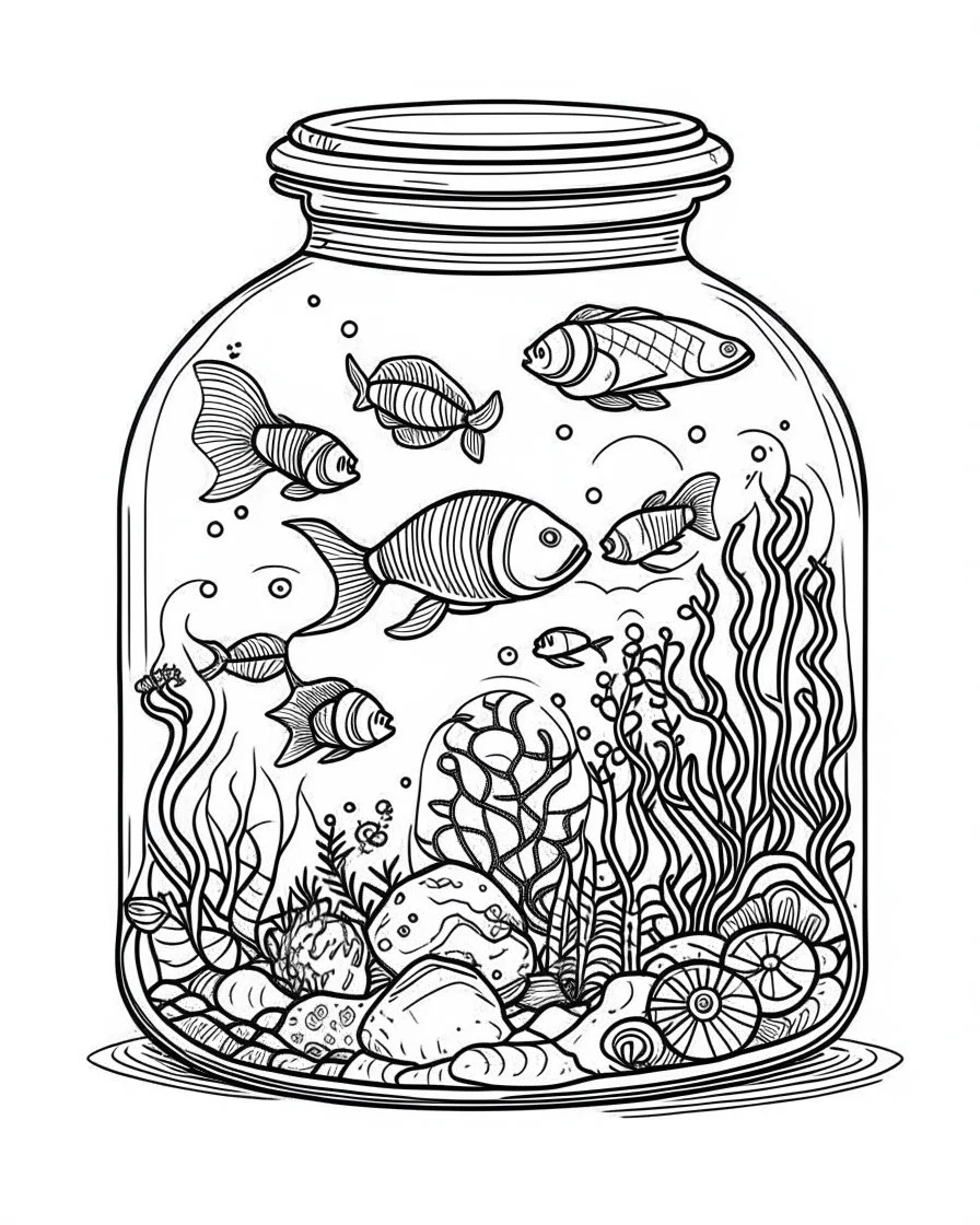 sea life in jar minimalistic, line art, background, vector, svg, coloring book page style, black outline on white background