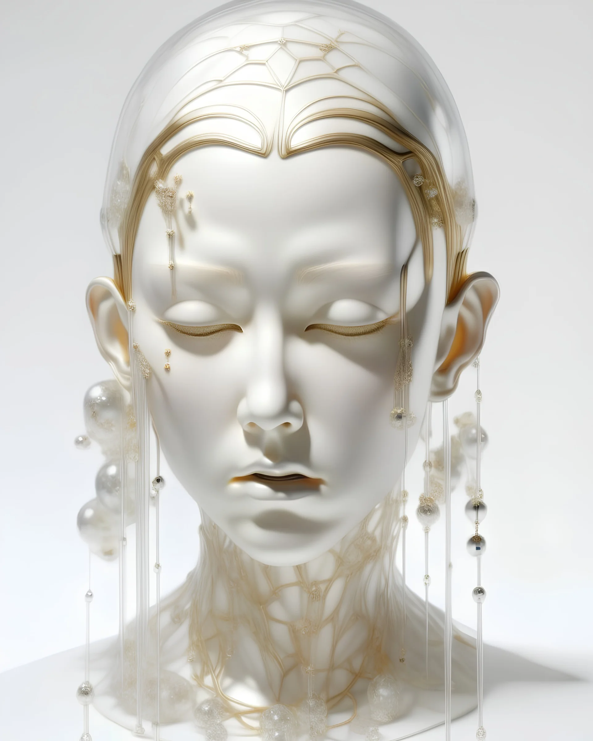 the piece shows the sad facial expressions of a female humanoid, 3 transparent tubes in the background, in the style of glass-like sculpture, jocelyn hobbie, glitter and crystals on the top of the head, delicate constructions, light white, creamy white background, exquisite detail