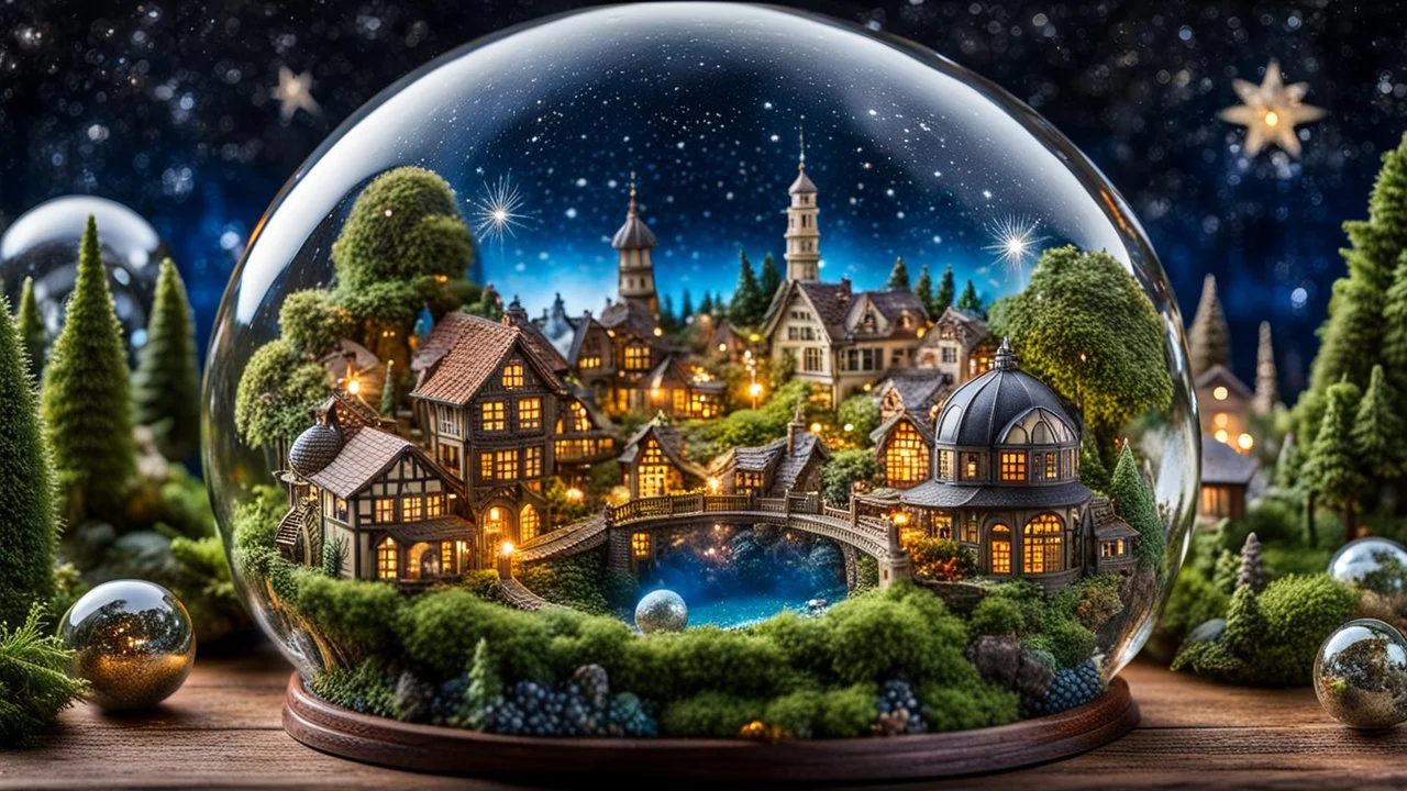 miniature detailed vintage small town in a glass sphere, surrounded by several other glass spheres, in each glass sphere a different city, village, or magical forest, wonderful garden, or fantasy figures, buildings in another transparent sphere, in the background the dim big cosmos with stars surrounds everything, beautifully shot, hyperrealistic, sharp focus, 64 megapixels, perfect composition, high contrast, cinematic, atmospheric, moody