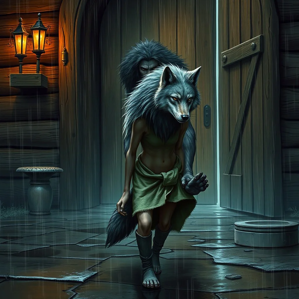 fantasy digital art of kicked out of the house her father out the door with his foot a very sad little anthro wolf she have wolf face gray hairy wolf body and wears just a short canvas rag around her waist , she have sadly face , rain , behind she an tall angry anthro wolf man in dark gray body hairy kicks she out the door with his foot, behind in rustic halb open door in an massive wooden house, rainy day, detailed, fantasy mood