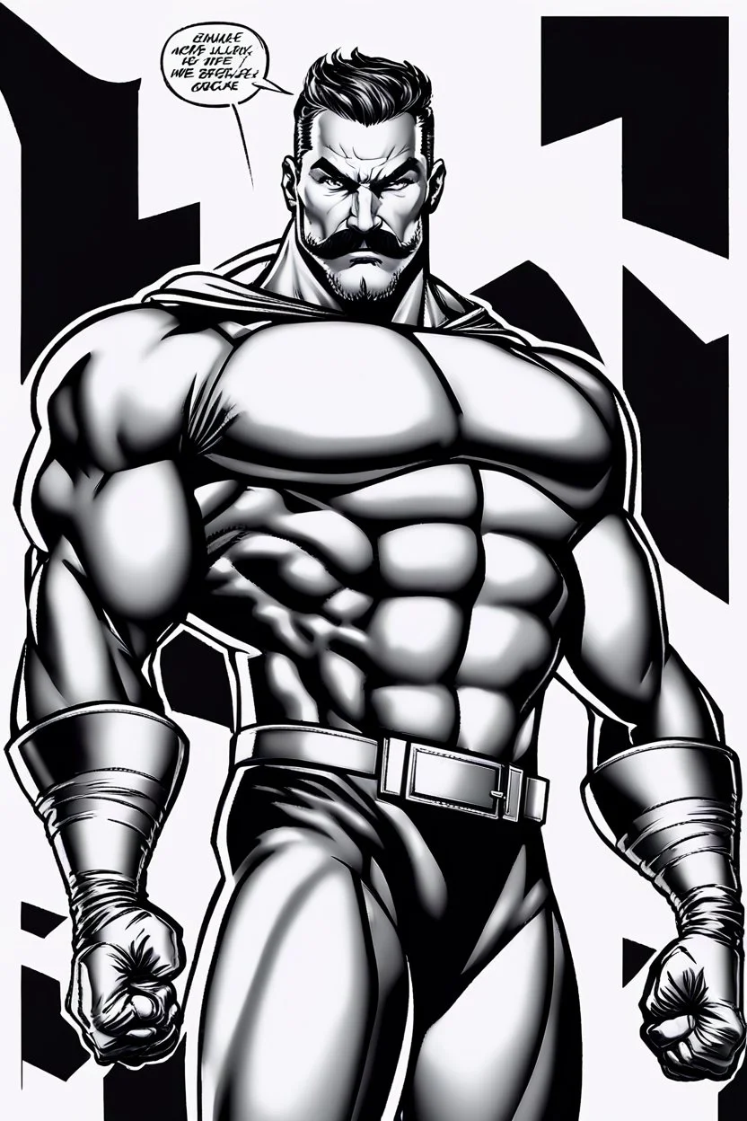 an extremely muscular superhero man wearing a black, skintight, formfitting cowl, a black, skintight, formfitting, Kevlar bodysuit, Silver Wrist Gauntlets, Silver Belt, Silver knee-high boots, black gloves, silver "M" logo on the chest, a mustache and goatee, black gloves,