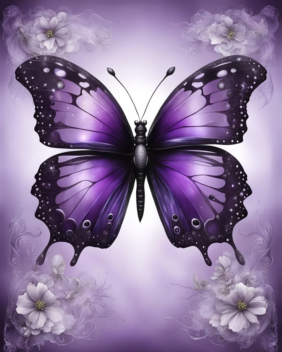 A dark goth black-purple butterfly with translucent wings encrusted with silver glitter, silver, surreal, strong expression, springs from an big glass flower, background mistic fog, crystasl , etheral, fantasy, stunning illustration