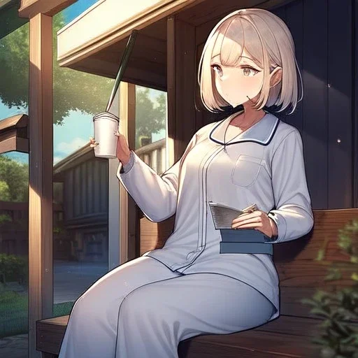 anime girl sitting on a porch swing of an old house, journaling, wearing pajamas, drinking a cup of coffee, writing in a book, shes watching it rain, more detail on hands and her face,shes deep in her thoughts