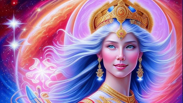 Create an image of a full body cosmic goddess with a smiling and beautiful face. the goddess should be depicted as a beautiful and powerful figure, surrounded by cosmic stars. her hair should be long, blond and flowing, and she should be dressed in a flowing gown blue celestial robe. in the background, include imagery of pink flowers, blue sky, trees. the image should evoke a sense of joy, celebration, and spiritual connection to nature.